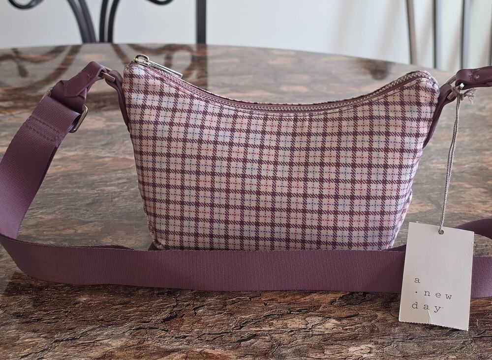 A New Day Plaid Crossbody Shoulder Bag Burgundy Cream NWT Adjustable Strap